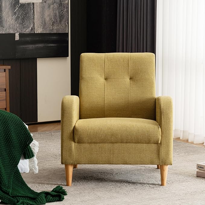 VKNOW Accent Chair Living Room Chair Upholstered Linen Armchair Sofa Chairs for Bedroom Living Room Mid Century Modern Comfy Reading ChairYellow Green