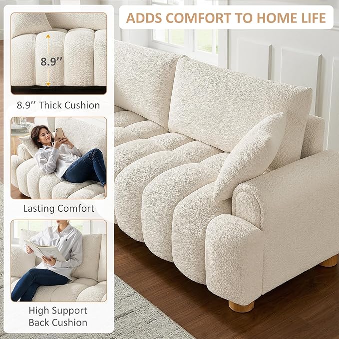 VANOMi Boucle Sofa Couch 91 Comfy Tufted Upholstered Cloud Couches Modern 3 Seater Sofa with Pillows Oversized Deep Seat Sherpa Couch for Living Room Bedroom Apartment (White)