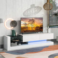 LED TV Stand for 55 65 75 Inch TV Entertainment Center Equipped with Two Pull-Down Door Storage 50 60 70 Inch TV Console with Tempered Glass and Power Cord for Living Room White