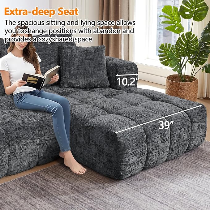 Luxury 108 Sofa with Oversized Chaise L-Shaped Chenille Modular Cloud Couch with Deep Seat &amp 2 Pillows Orange Boneless Couches for Living Room Apartments Homes (Grey Right Facing Chaise)