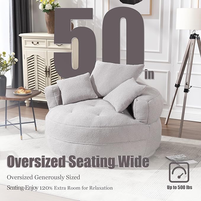 QQU 48“ W Oversized Round Barrel Chair with 3 Pillows Large Round Lounge Barrel Chair for Home Oversized Leisure Single Sofa with Armrests Circle Couch for Living Room Apartment Grey