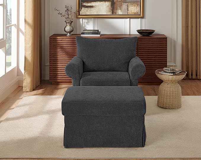 Modern Accent Chairs with Ottoman Comfy Chenille Reading Armchair with Rolled Arms and Cushion Backrest 35.8 W Chaise Lounge Chair for Living Room Bedroom Study Apartment Dark Grey