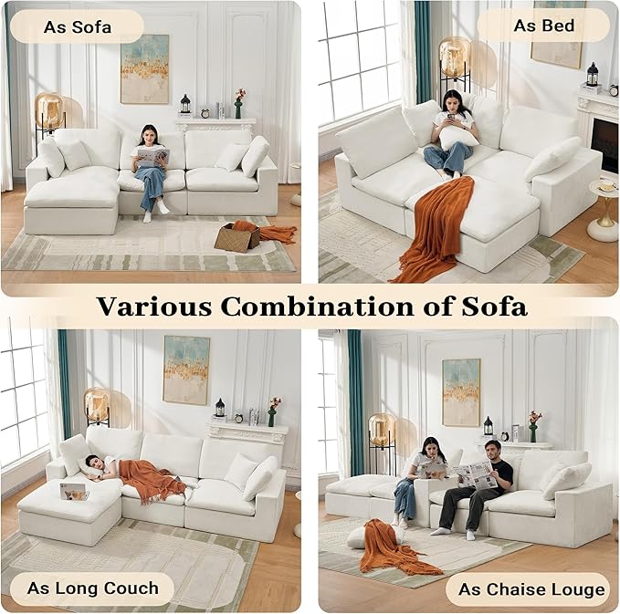 121 L-Shaped Modular Sectional Sofa with Ottoman Upholstered Cloud Couch with Deep Seat Boneless Sofa Sectional Couch for Living Room No Assembly Required Chenille Warm White | Breathable Materia