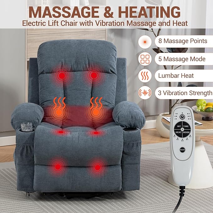 Power Lift Recliner Chair for Elderly People w/Vibration Massage and Lumbar Heat Lift Chair for Adult w/Cup Holder USB Charge Port for Living Room Bedroom Blue