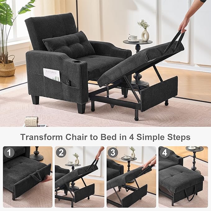 3 in 1 Convertible Sleeper Chair Corduroy Single Sleeper Sofa Bed Pull Out Sofa Bed Chair with Adjustable Backrest &amp Side Pockets for Living Room Black