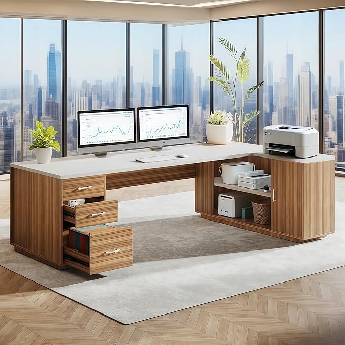 Tribesigns 85.8 L-Shaped Executive Desk Extra Large Office Desk with File Drawers Modern Business Furniture Computer Desk Workstation with Door Cabinet Shelves for Home Office White &amp Brown