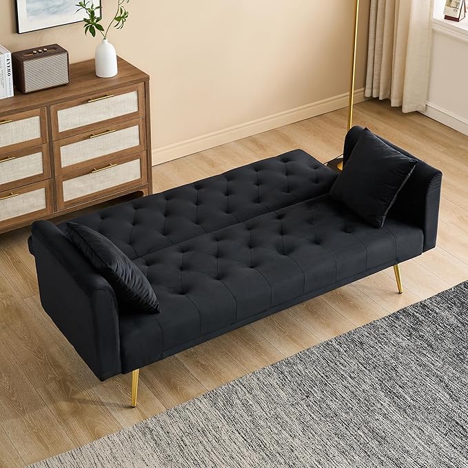 71 Futon Sofa Bed VelvetConvertible Sleeper Sofa CouchModern Folding Futonwith 3 Adjustable Backrests and 2 Pillowsfor Small Living Room Bedroom Office (Black)