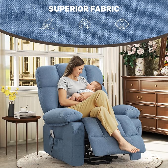 Power Lift Recliner Chair for Elderly Big and Tall Lift Chair with Massage and Heat for Living Room Fabric Electric Recliner Chairs with 4 Side Pockets USB Charge PortBlue
