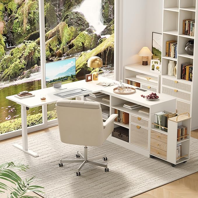 67 L-Shaped Electric Standing Desk with File Cabinet 1.18 Desktop Adjustable Height Executive Table Stand Up Desk with 3 Drawers Rolling Filing Cabinet for Home and Office White Rattan