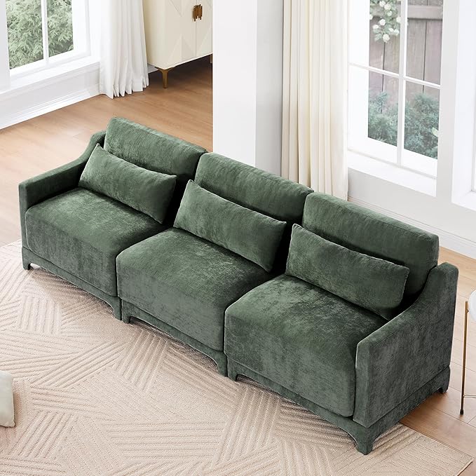 Modular Sectional Sofa Set Optional 2-4 Seater with Lumbar Pillows &amp 0-2 Ottomans Chenille Fabric Ergonomic Easy Assembly for Living Room/Bedroom/Reading Nook (3 SeatGreen)