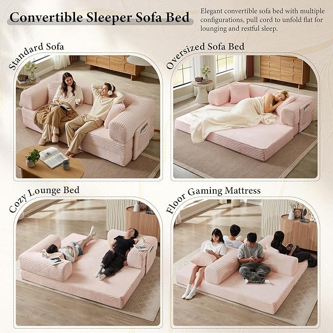 Boneless Couch Folding Couches for Living Room Sofa Futon Sofa Bed with Sleeper Sofa Futon Couch with Fixed-Shape Oversized Corduroy Upholstered (Pink 81 Inches)