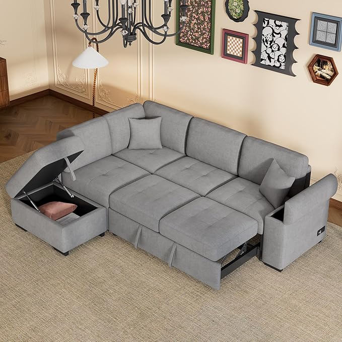 Flieks L-Shape Sleeper Sectional Sofa Bed with Storage Ottoman &amp Hidden Arm Storage 85Inch Sectional Corner Couch Sofa-Bed for Living Room Apartment