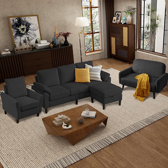 4 Pieces Corduroy Living Room Sets with Sofa Ottoman Loveseat and Chair