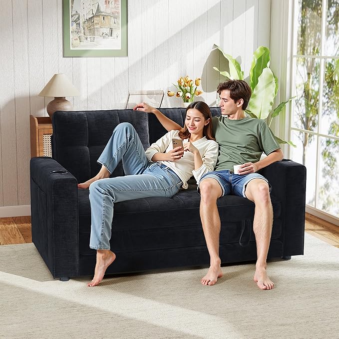 WorthFurni Convertible Sofa Bed Folding Sofa Bed 2 in1 Pull Out Loveseat Sleeper Sofa Floor Sofa Bed for Small Spaces Folding Couch Bed with Pillows for Living Room Bedroom - Black