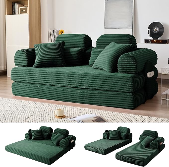 79 Boneless Couch with High Backrest Headrest Comfy Modular Foldable Floor Sleeper Sofa 5-in-1 Convertible Sofa Bed for Living Room Bedroom Lounge Studio Green