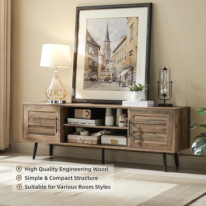EDYO LIVING 65 Mid Century Modern TV Stand Wood TV Stand with Storage Cabinet and Open Shelf for Televisions up to 65 Entertainment Center TV Console Table for Living Room Rustic Oak