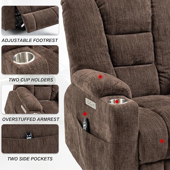 Power Lift Recliner Chair for Eldery Chenille Electric Recliner Chairs with Massage and Heat Remote Control Standing Assistance Lay Flat Recliner Sofa for Living Room Medium-FirmBrown