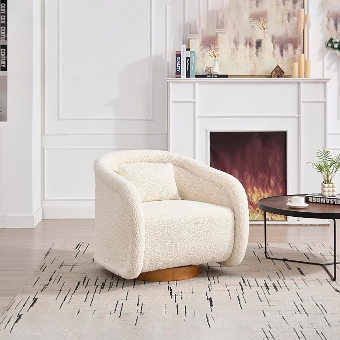Pumpkin-Shaped Swivel Accent Chair with 360° RotationTeddy Upholstered Barrel Armchair with Solid Wood Base for Bedroom Living Room (White)