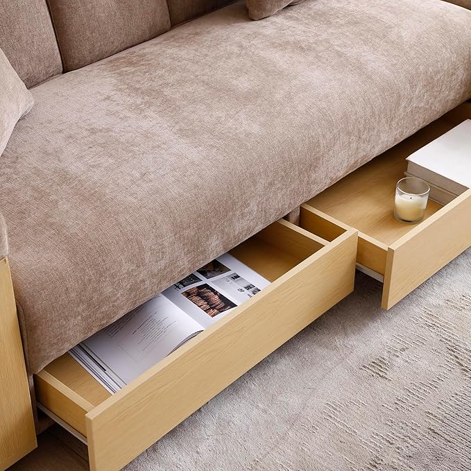 Convertible Sleeper Couch Multi-Functional Sofa Sleeper with Storage Ottoman and 2 Drawers Sectional Couch for Living Room Drop Down Table with 2 Cup Holders Storage Armrest Design (Light Brown)