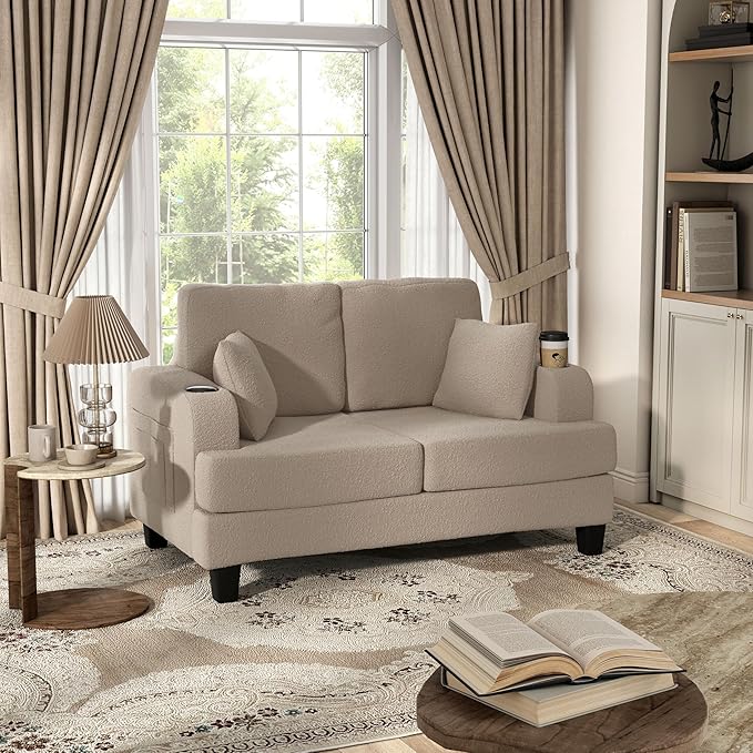 Homes: Inside + Out Reese Modern Plush Boucle Comfortable Loveseat with Side Pockets Cup Holders and Pillows Wooden Soft Couch for Living Room Bedroom and Office Beige