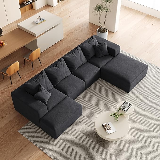 KEIKI 132 Boneless Sofa with Ottoman L Shaped Corner Couch Upholstered Corduroy Free Combination Sectional Couch for Living Room Bedroom Black