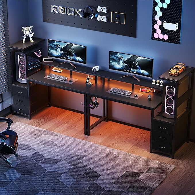 DUMOS L Shaped Gaming Desk with Shelves Storage Drawers 52'' Black Computer Desks with LED Lights Power Outlets Office Wood Table with PC Stand Cable Management for Bedroom Dual Monitor Streaming