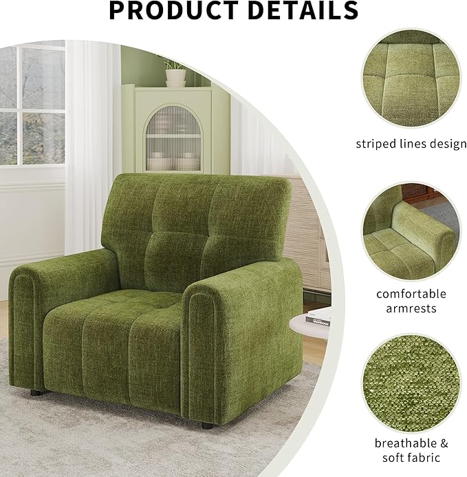 EJUNQ Mid-Century Oversized Accent ChairModern Upholstered Living Room ChairsWide Comfy Reading Chair for AdultsTraditional Single Couch Armchairs for Living Room/BedroomGreen