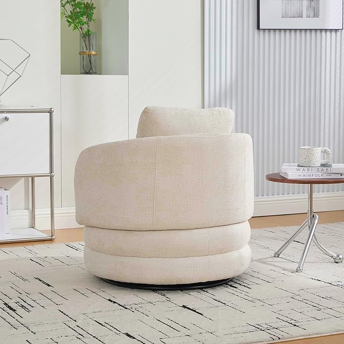 30 W Modern Round Swivel Barrel Accent Chair with Pillow Chenille Upholstered Single Club Sofa Chair for Living RoomBedroom Reading Room Balcony Lounge (Beige)