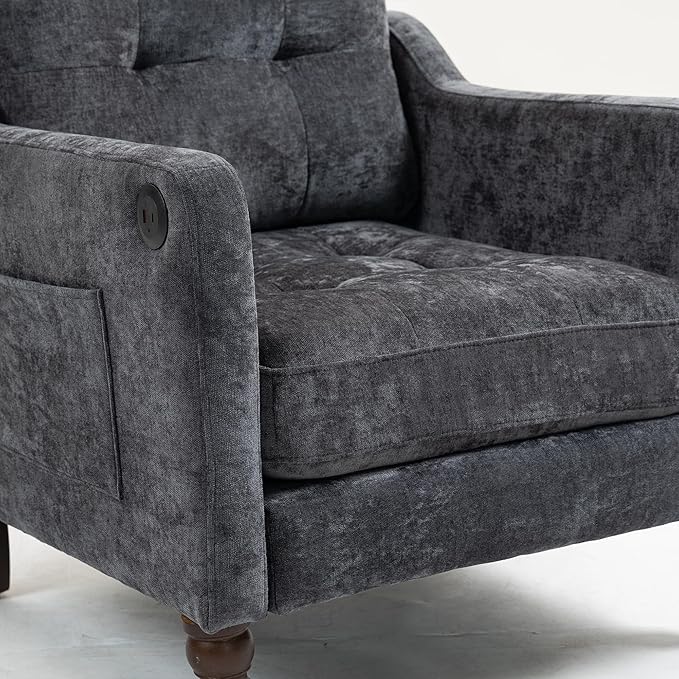 Ball &amp Cast Mid-Century Accent Chair for Living RoomReading Chair for Bedroom with USB Ports&ampSide PocketModern Accent Arm Chair W/Wide Backrest&ampRetro Wood LegsChenille Upholstered Comfy