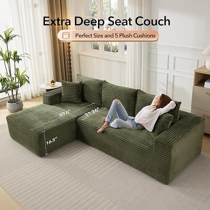 108'' Modular Sectional SofaComfy Cloud Couch with L Shaped ChaiseModern Deep Seat Boneless Couch for Living Room3 SeaterNo Assembly Required (Left-Facing ChaiseGreen)