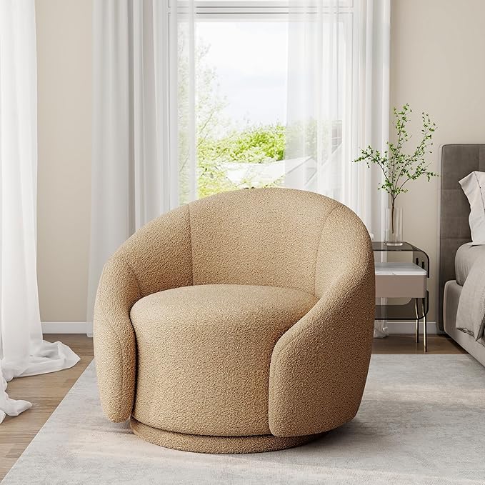 Swivel Barrel Accent Chair 360° Small Round Sofa Chair Comfy Modern Reading Armchair for Living Room Bedroom (Boucle Light Brown Set of 2)