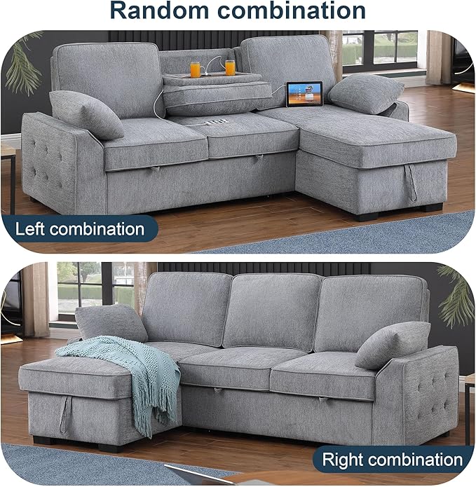 ERYE L-Shaped Pull Out Sleeper Couch Bed Modern Chenille Upholstered Button Tufted Corner Couch Reversible Sectional Sleeper Sofa Bed W/Storage Chaise Cup Holders