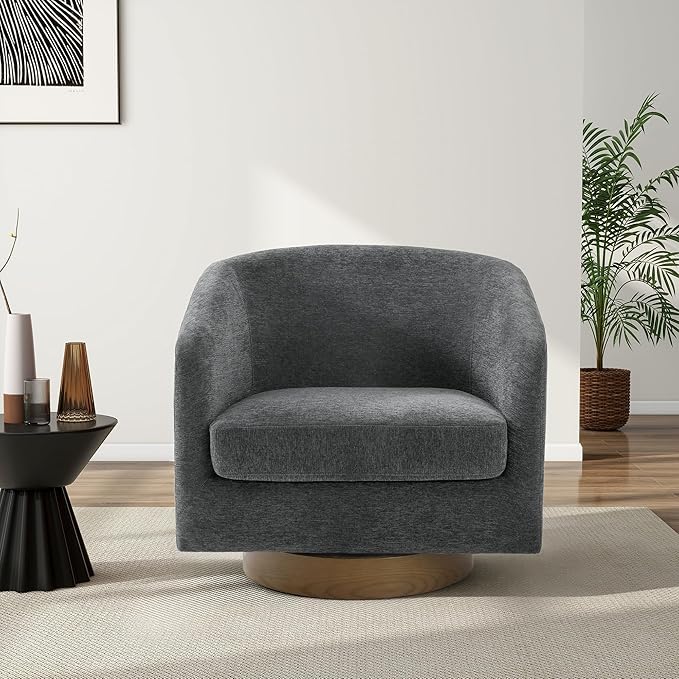 Swivel Barrel Chair Modern Round PU Leather Accent Armchair for Living Room Bedroom Oversized Comfy Club Reading Chairs for Adults (Chenille Grey Set of 2)