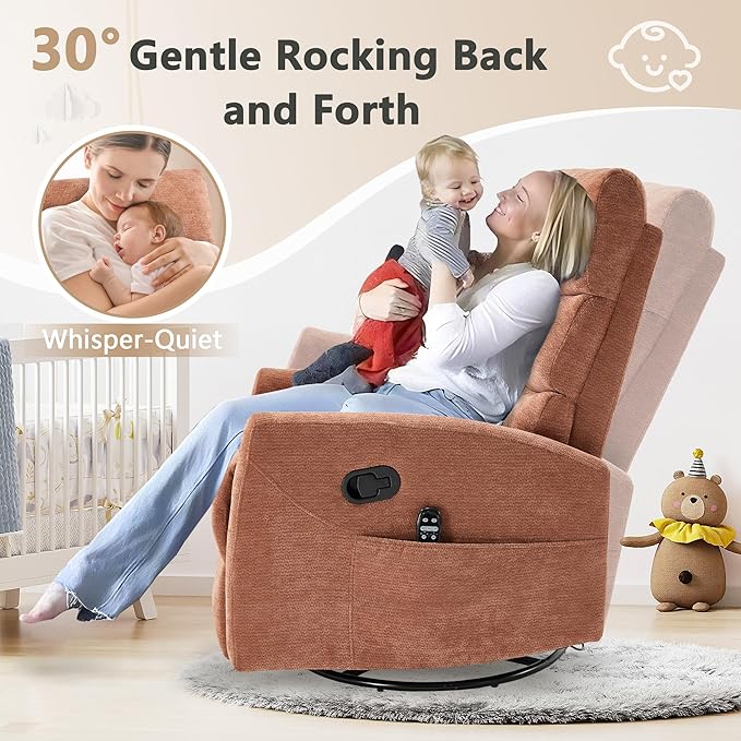 cinkehome Small Swivel Rocker Recliner Chair with Heated Massage Upholstered Nursery Glider Recliner Chair High Back Side Pocket (Orange Chenille Fabric)