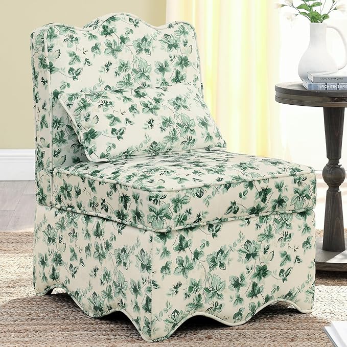 Floral Accent Chair Comfy with Pillow Armless Accent Chair for Bedroom Slipper Chair with Soft Seat Cushion and Backrest Side Chairs for Living Room Flannel Fabric Wave-Shaped (Green)