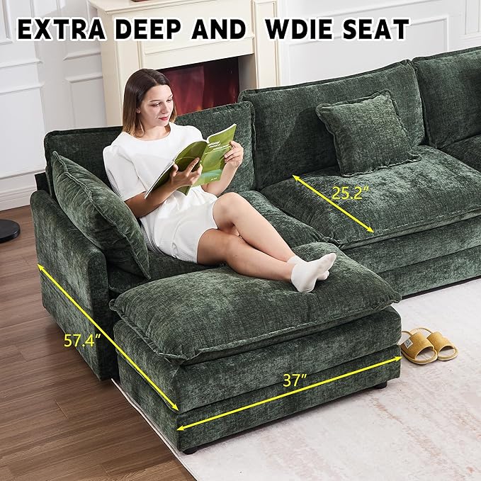 GNIXUU 76.7 Green L Shaped Cloud Couch Modern Chenille Modular 2 Seater Loveseat Sofa with Movable Ottoman Deep Seat Sectional Couch with Pillows for Small Place Living Room Apartment Office