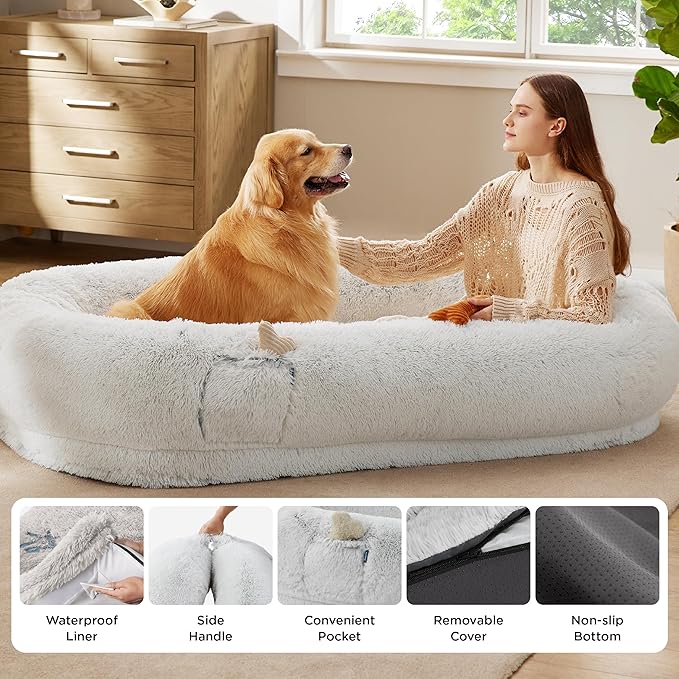 Bedsure Calming Human Dog Bed 71 x 44 x 12 Giant Human Dog Bed for Adults People Fits Pet Families with Storage Pocket Fluffy Faux Fur Orthopedic Pet Bean Bed Frost Grey