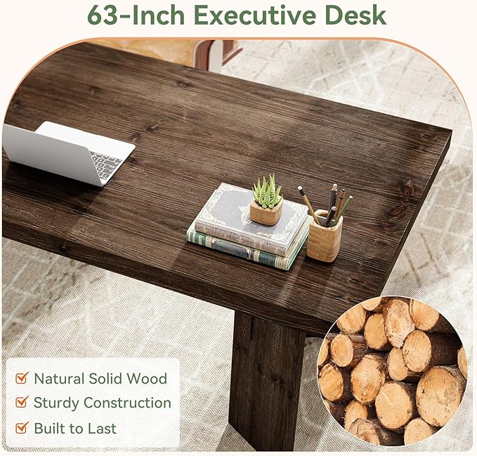 63-Inch Executive Desk Solid Wood Home Office Computer Desk with Heavy Duty Legs Modern Simple Study Writing Table for Office Conference Room Rustic Brown