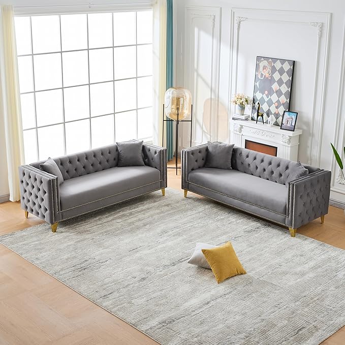 2 Piece Chesterfield Sofa Comfy Velvet Button Tufted Mid Century Modern Couch Set White Cloud Futon Loveseat Gold Legs &amp Nailhead Deep Seat Sofas for Living Room Office (Grey 3 Seater Set of 2