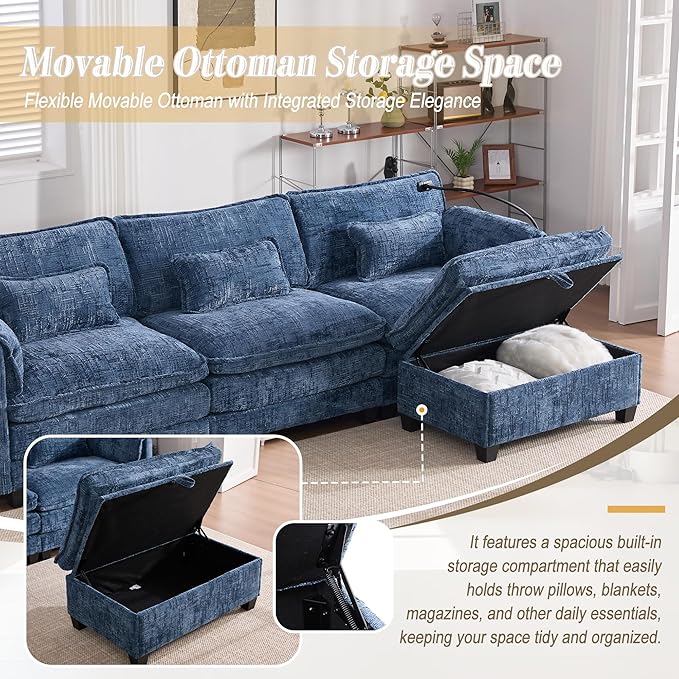 KEIKI 110 L-Shaped Boucle Modular Sectional Chenille Sofa with 1 Ottoman &amp Memory Foam Cushion &amp Phone Holder &amp USB Upholstered Modern Oversized 4-Seater Couch Easy Assembly for Living
