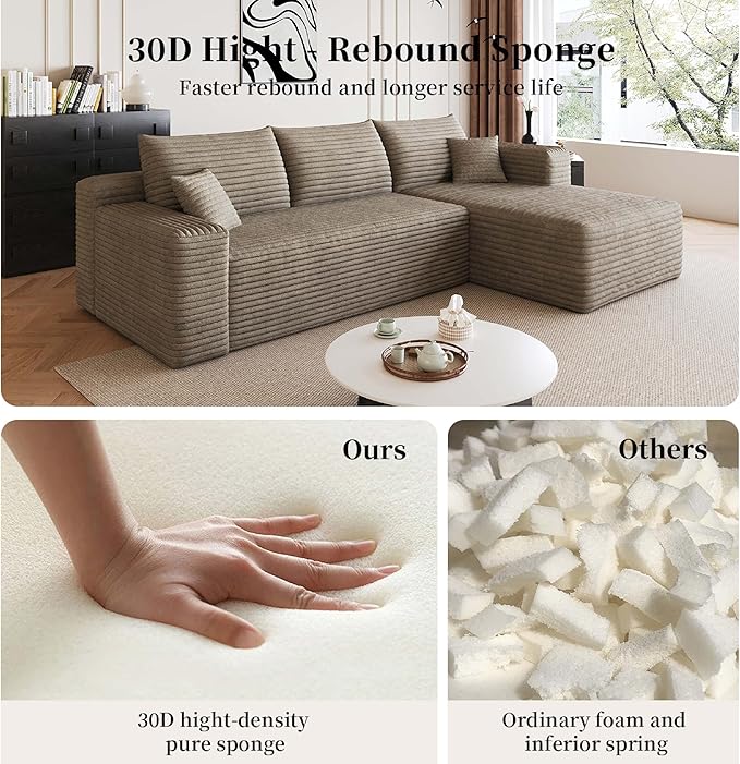96 Cloud Small Sofa for Small Space L-Shaped Modular Sectional with Chaise for Apartment and Dorm Camel Corduroy Deep Seat Boneless Couch No Assembly Required (Camel Right Facing Chaise)
