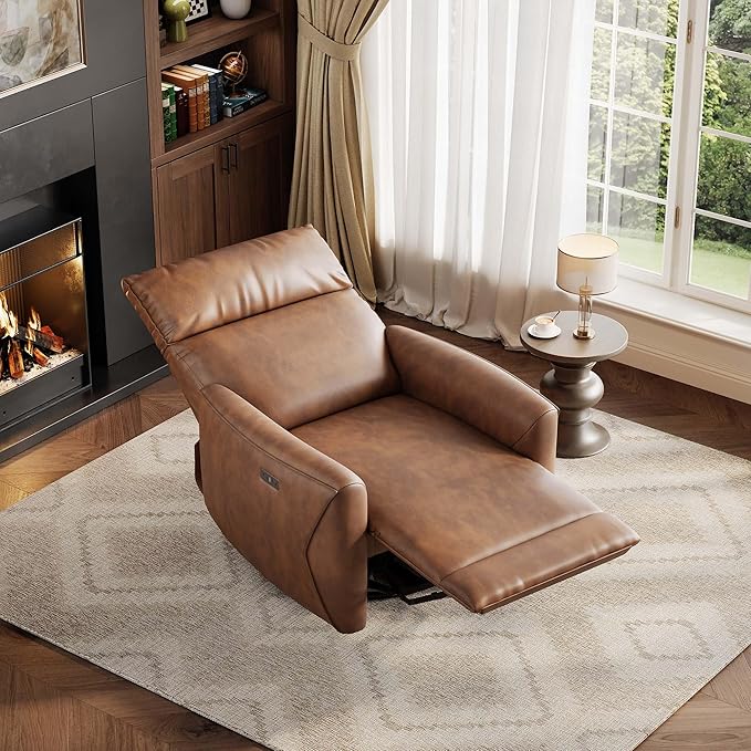 GAOMON Power Recliner Chair Swivel Glider Faux Leather Upholstered Nursery Rocker Reclining Sofa Chair with Charging Port Curved Armrests &amp Padded Backrest for Living Room and Bedroom (Light Brow
