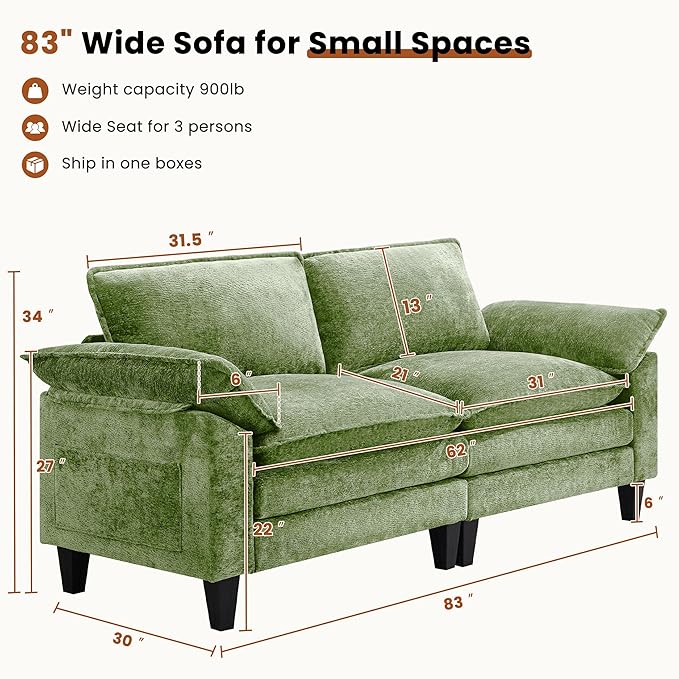 83 Loveseat SofaCloud Couch for Living RoomComfy Love Seat with Double Cushion2 PillowsRemovable Cover for Bedroom Apartment and Office