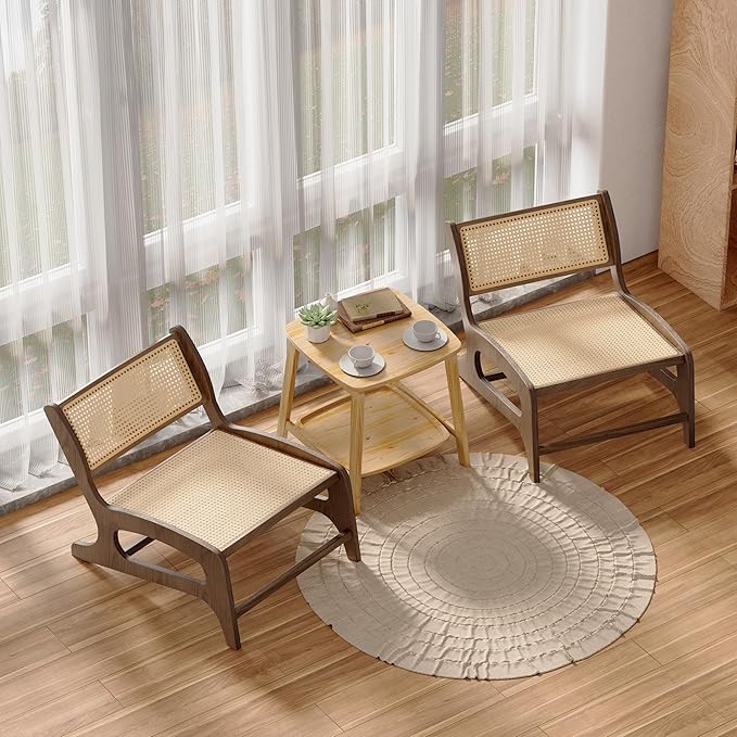Chogori Mid Century Modern Wooden Lounge Chair Armless Rattan Accent Chair Lightweight Boho Style Seating Comfortable Single Chair for Living Room Bedroom or Patio (Walnut Set of 2)