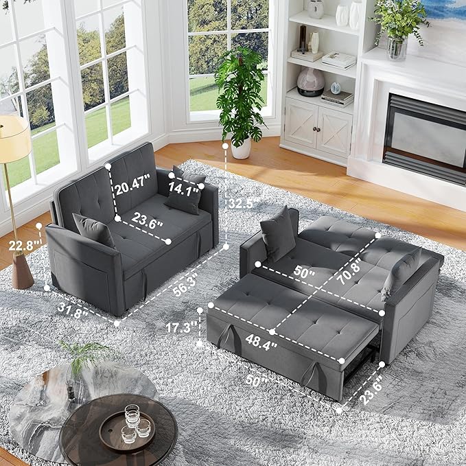 Loveseat Sleeper Sofa Bed Couch: Queen Sleeper Chair Pull Out Bed for Living Room Grey Velvet Couch Beds for Small Spaces 3 in 1 Convertible Sofa with Armrests
