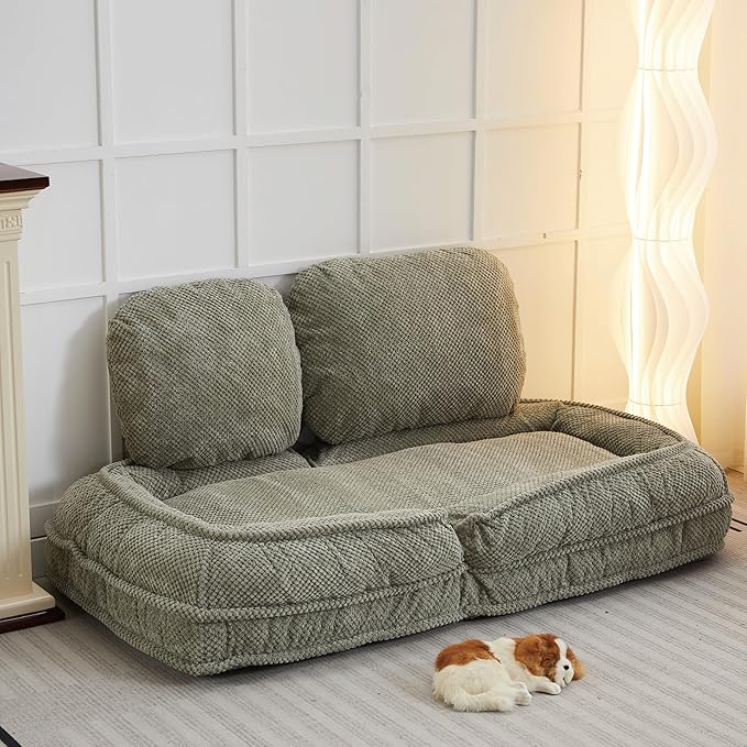 Foldable Lazy Sofa Bed Floor Chair Upholstered Human Dog Bed with 5 Adjustable Position Comfy Tatami Lounge Chair with 2 Pillows Lazy Sofa for Bedroom Living Room Reading (Green 1)