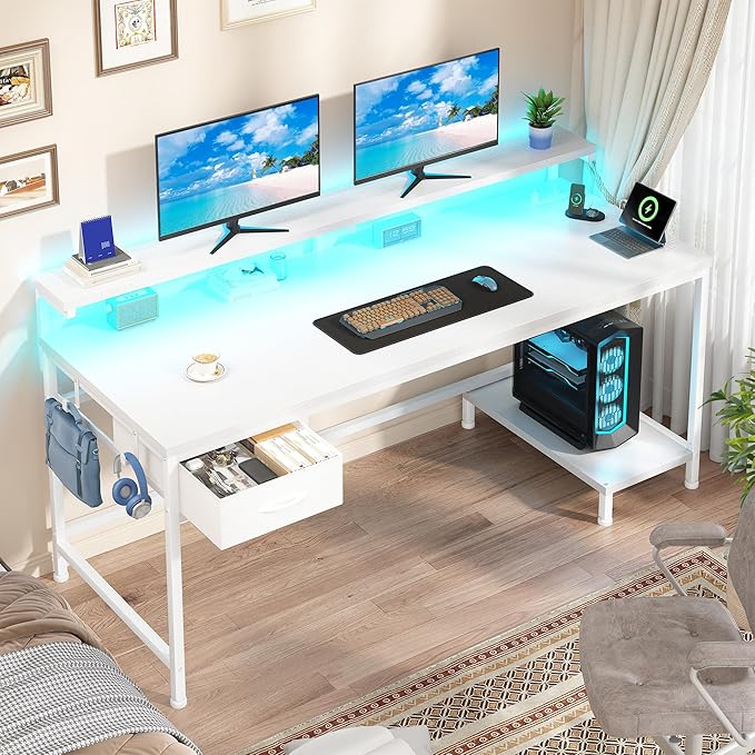 Computer Desk with Ergonomic Monitor Stand &amp CPU Stand47.2 Gaming Desk with 1 Drawer &amp Power Outlet &amp LED Lights for Home Work Bedroom Study and Gaming Small SpacesWhite
