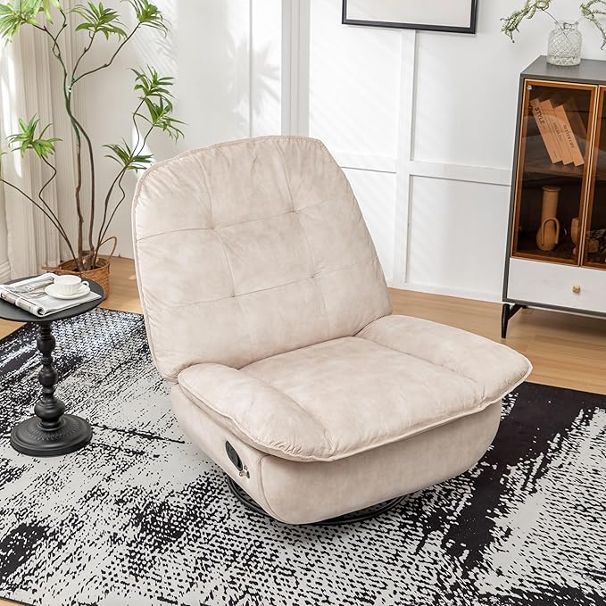 JOSHEN 41 Modern Velvet Reclining Lazy ChairLarge Reading ChairSwivel Gliding Rocking Chair with Mobile Phone Holder for Living RoomBedroomIvory
