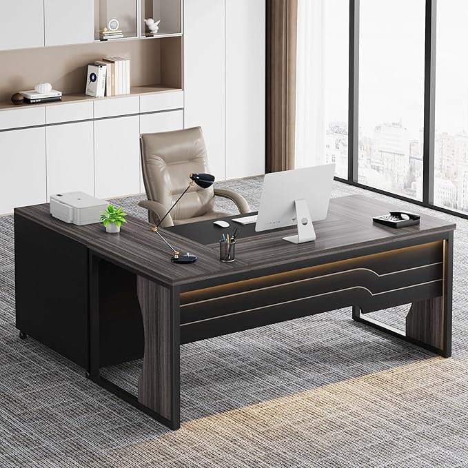 L Shaped Executive Computer Desk with Mobile File Cabinet and LED Light 63 inch Large Office Table Business Furniture with Storage and Drawers for Home Office Gray and Black