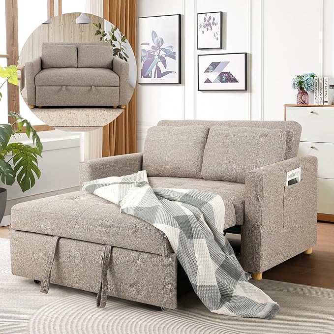 SEJOV 3-in-1 Convertible Sofa Bed Linen Fabric Sleeper Couch Pull Out Bed 49 2-Seater Loveseat Futon Sofa with Spring Support Adjustable Backrest and Pillows for Small Spaces Living Room